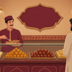 Illustration of a traditional mithai counter representing Suleman Sweets in Gujranwala