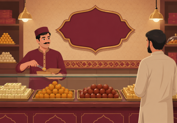 Illustration of a traditional mithai counter representing Suleman Sweets in Gujranwala