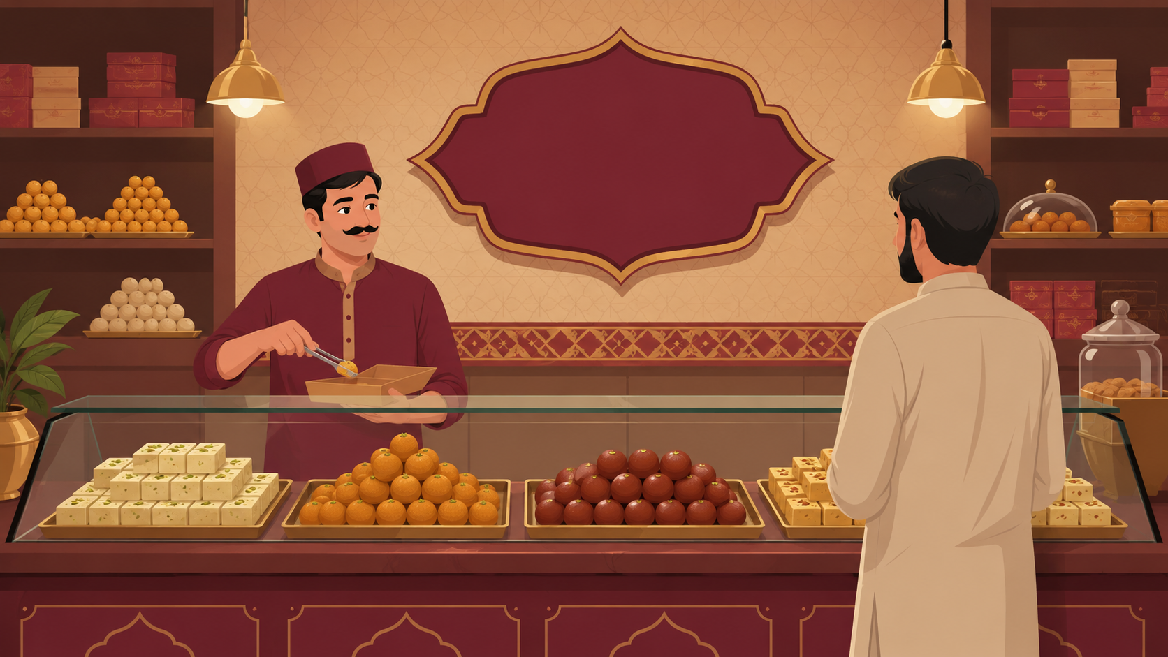Illustration of a traditional mithai counter representing Suleman Sweets in Gujranwala